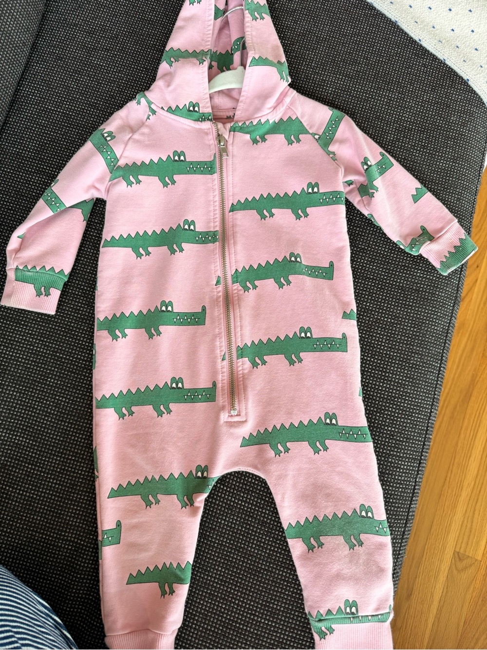 HUGO Pink Hooded Romper with Green Alligator Print